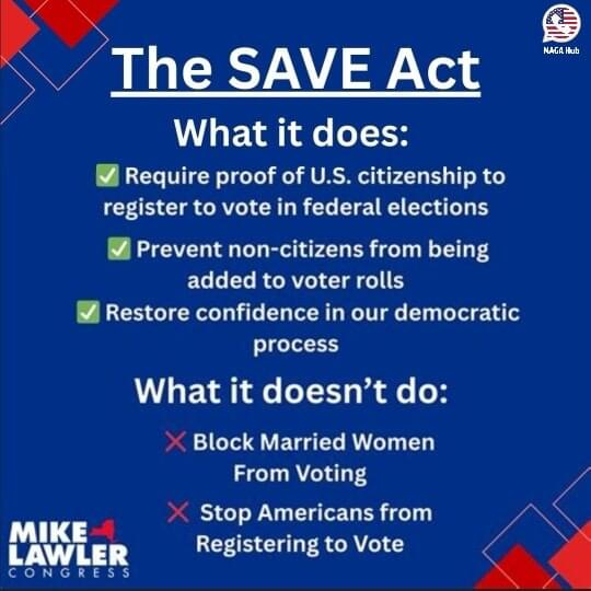 The SAVE Act ~ What it does: @ Require proof of U.S. citizenship to ...